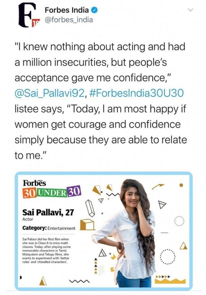 Sai Pallavi listed in Forbes 30 under 30 list