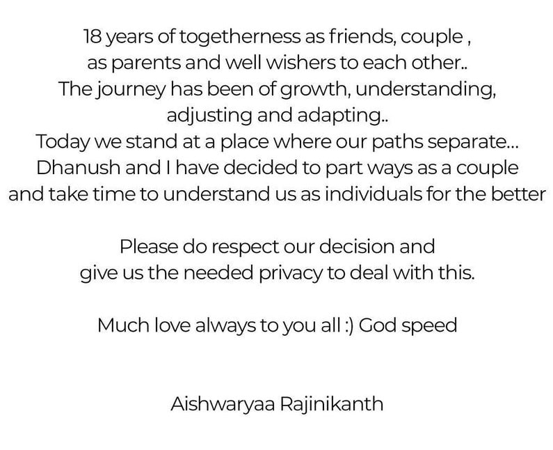 Dhanush and Aishwarya Separation Statement
